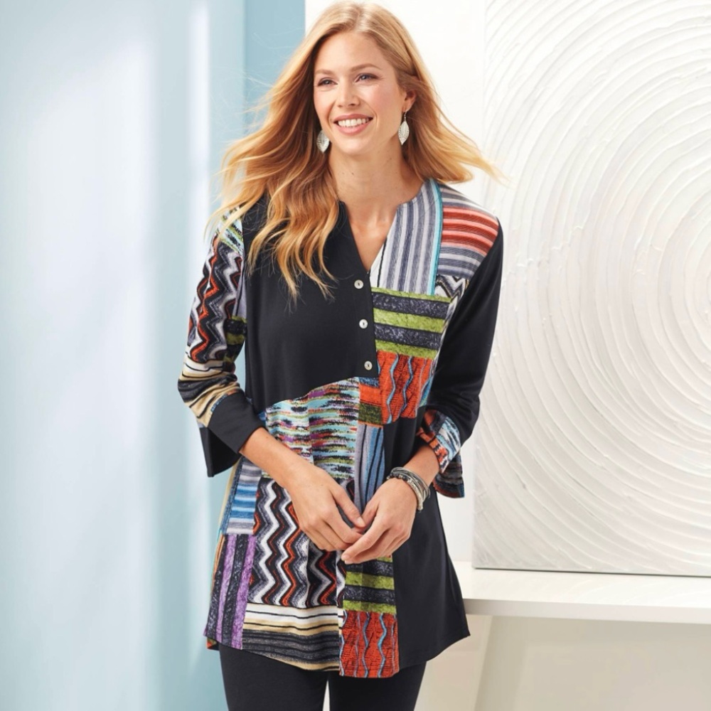 Parsley & Sage Women’s Black Patchwork Stretch Tunic Blouse Top, 3/4 Sleeves, 1X